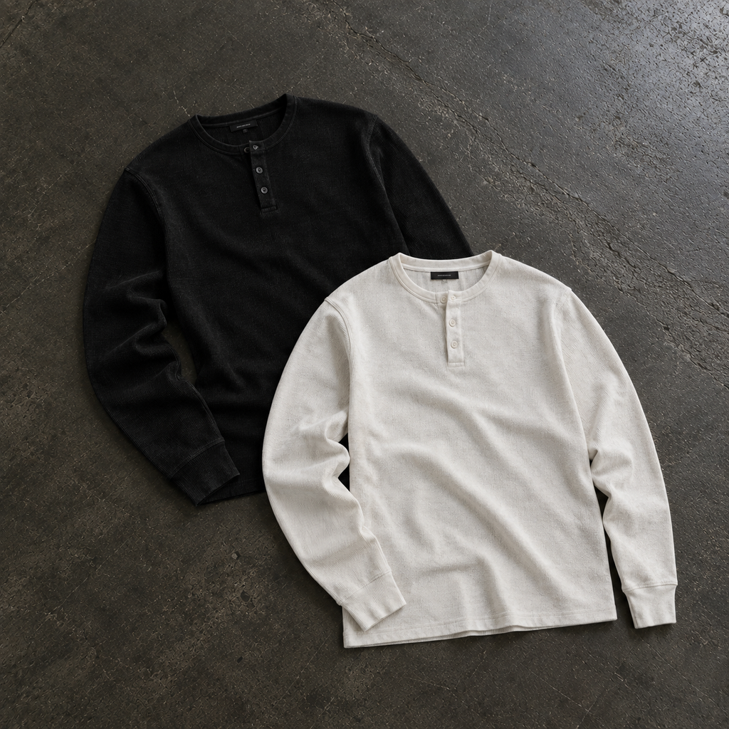 Ribbed Henley (black) + Pleated Trousers