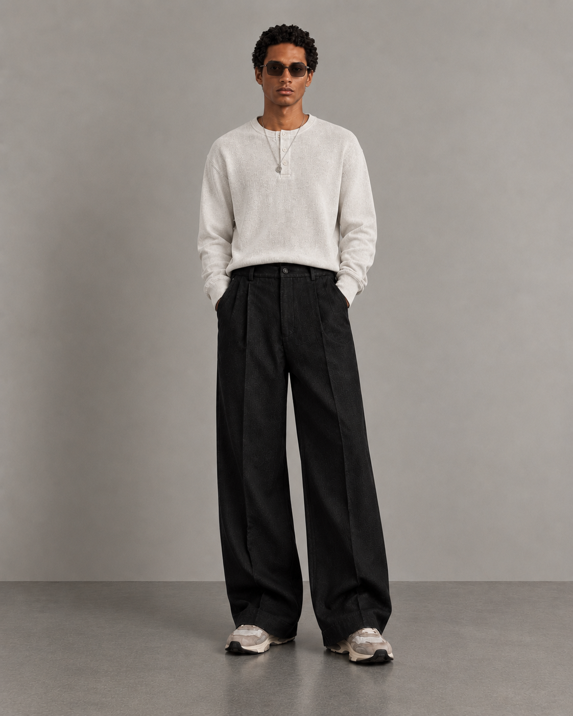 Ribbed Henley (white)  + Pleated Trousers