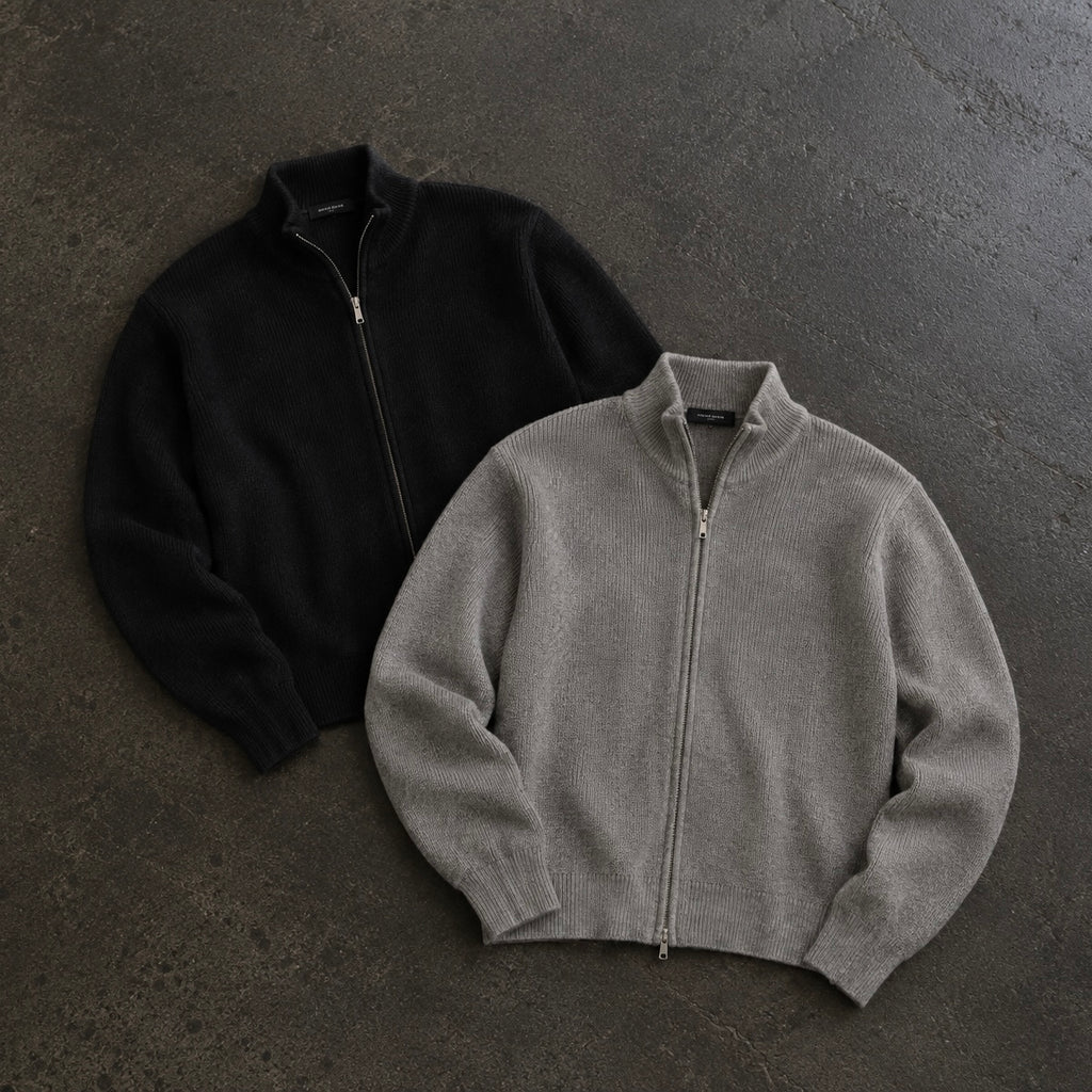 Ribbed Zip Cardigan — Grey