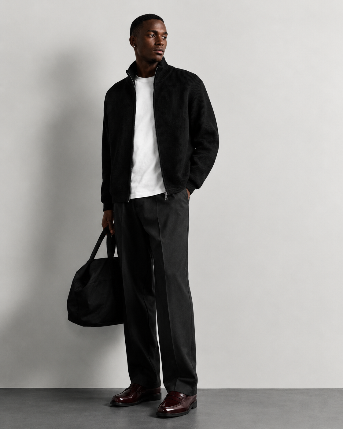 Ribbed Zip Cardigan — Black