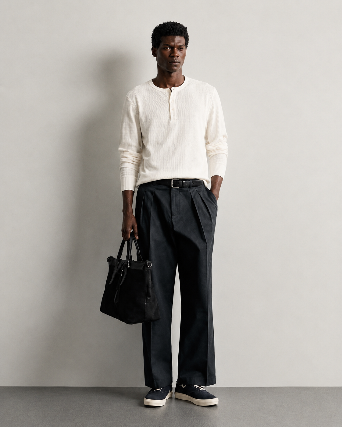 Ribbed Henley (white)  + Pleated Trousers