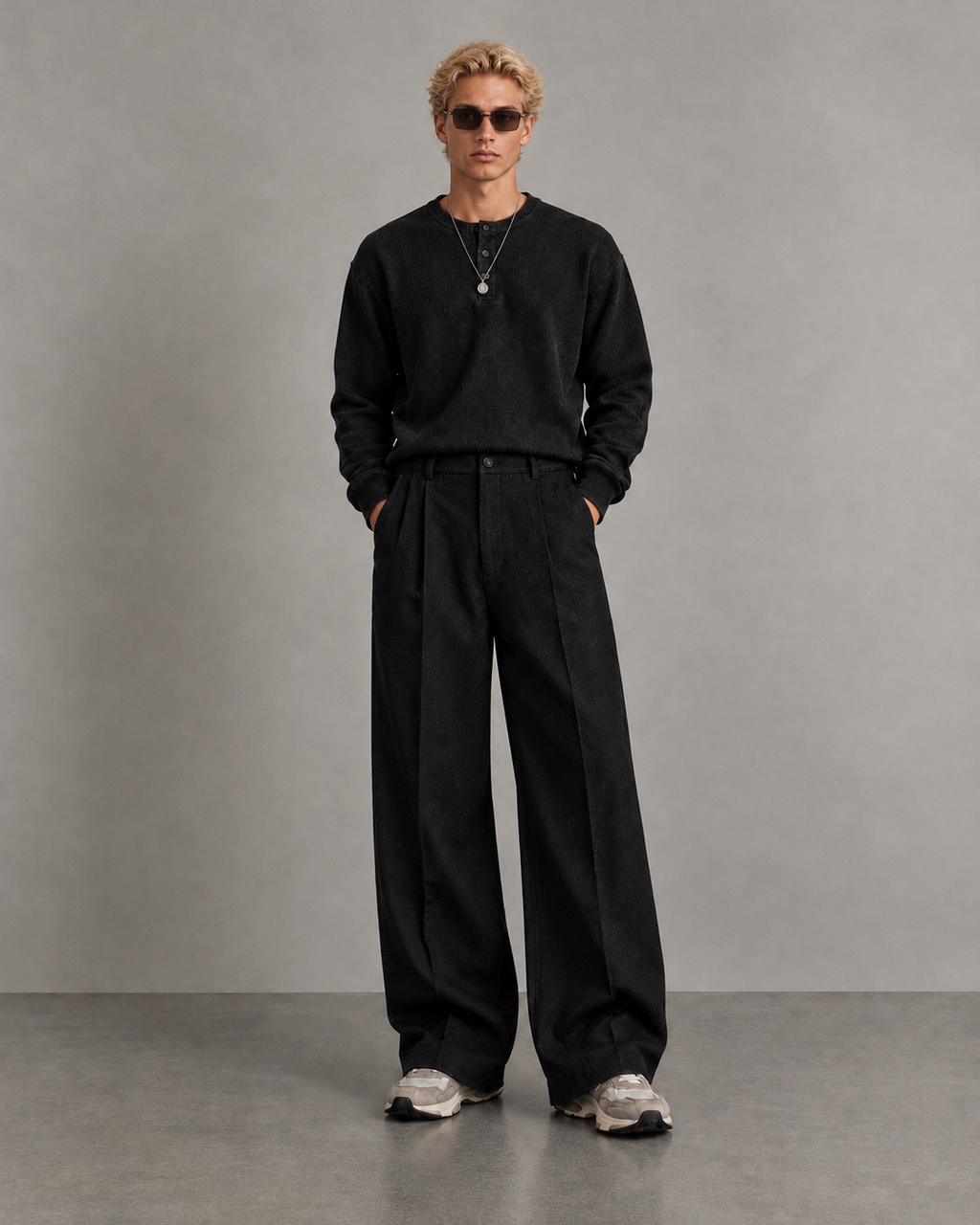 Ribbed Henley (black) + Pleated Trousers