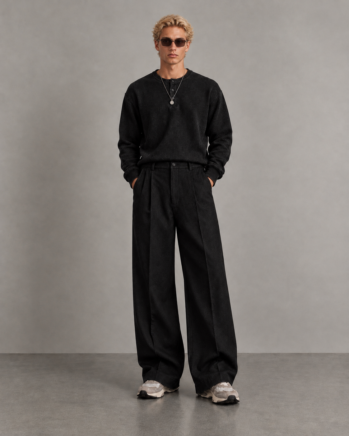 Ribbed Henley (black) + Pleated Trousers