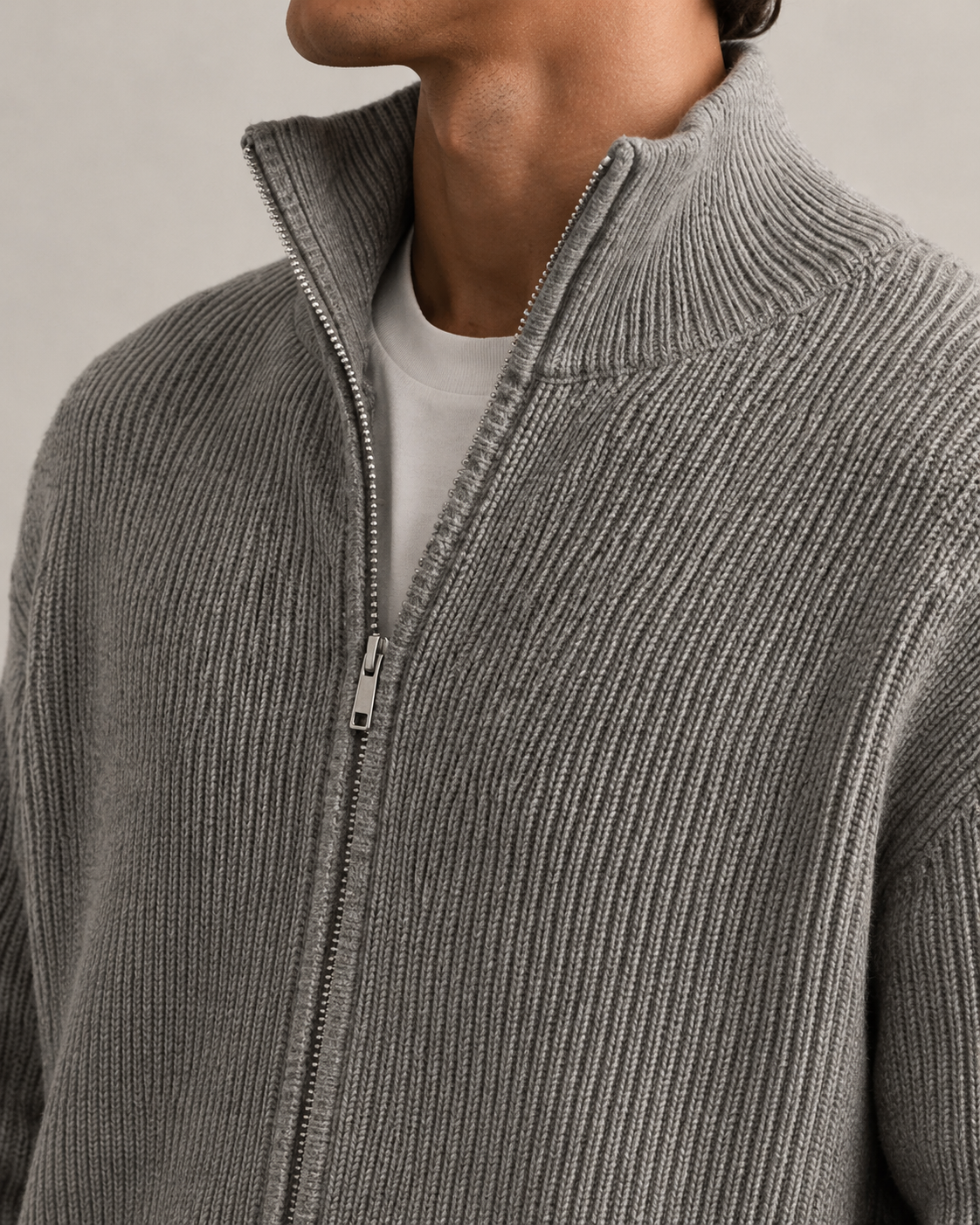 Ribbed Zip Cardigan — Grey