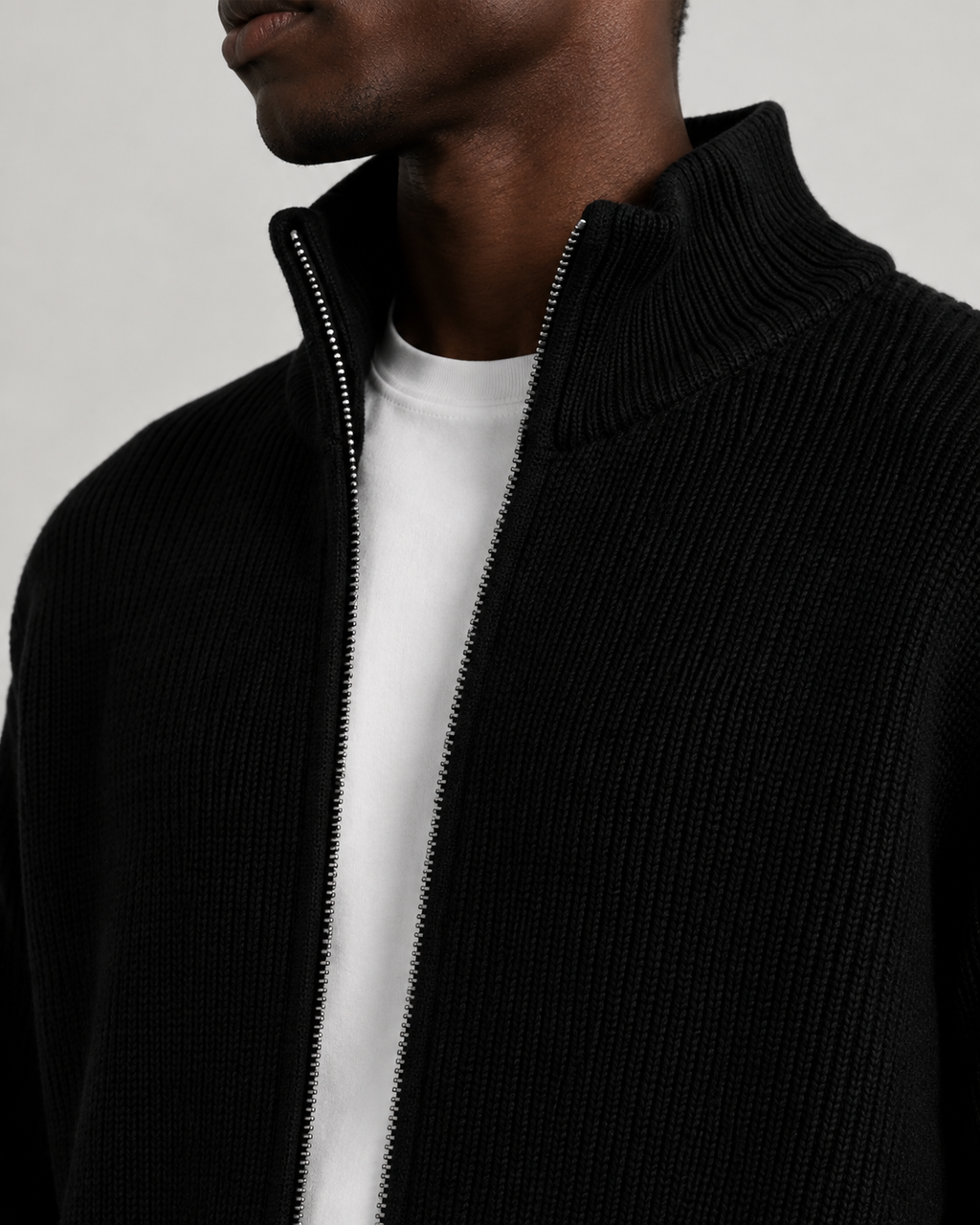 Ribbed Zip Cardigan — Black