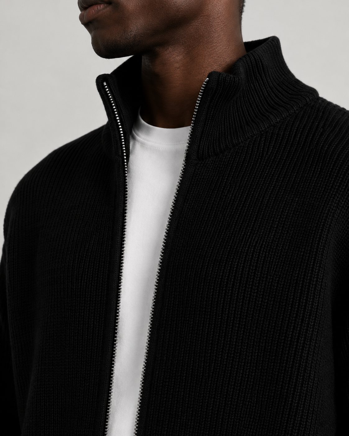 Ribbed Zip Cardigan — Black