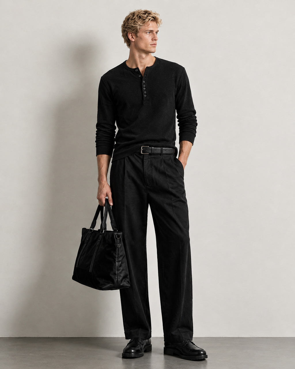 Ribbed Henley (black) + Pleated Trousers