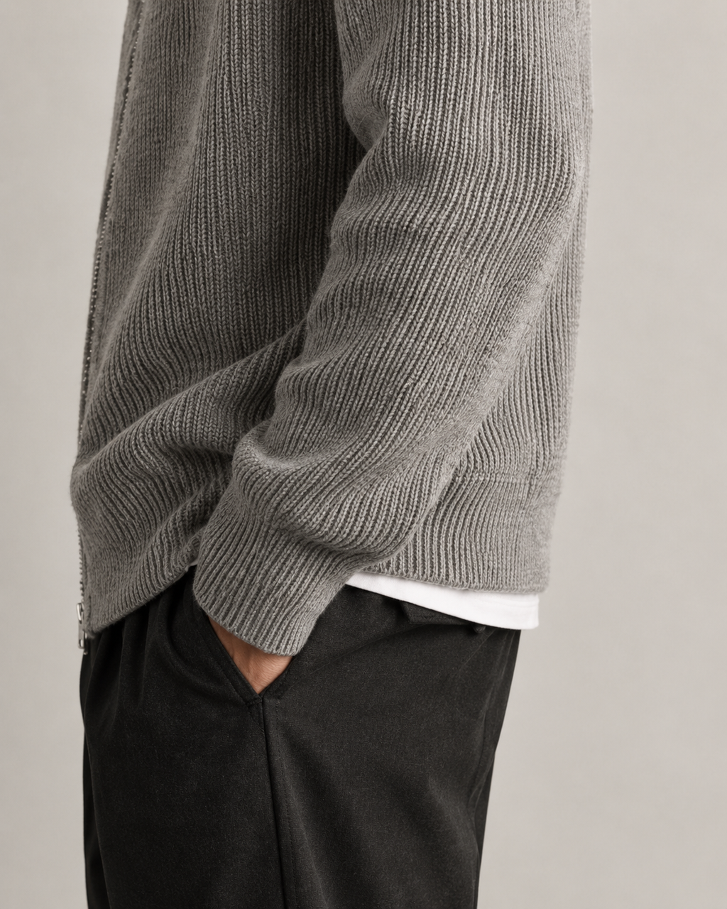 Ribbed Zip Cardigan — Grey