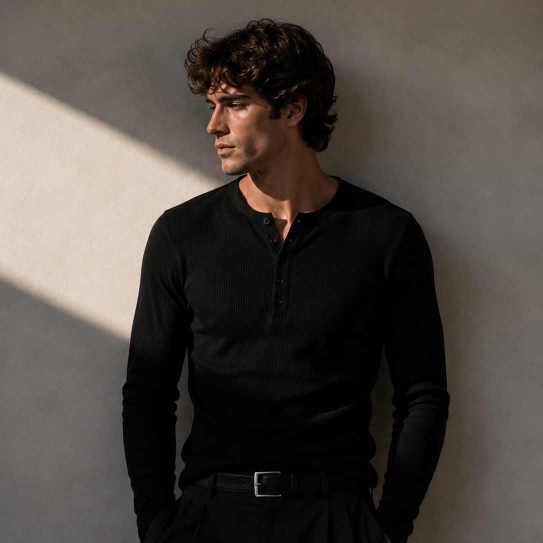 Ribbed Henley — Black